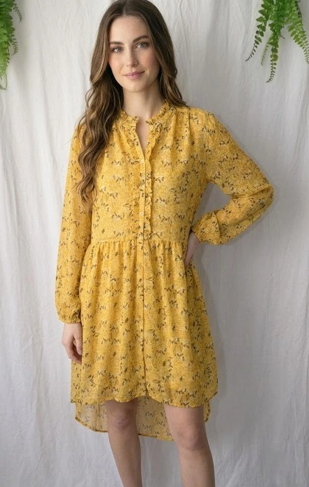 Cream textured voile floral print ruffled collar ochre shirt dress – photo 6